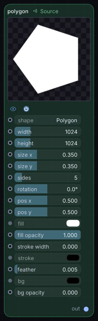 The Polygon node in Infinite, showing its controls and output.