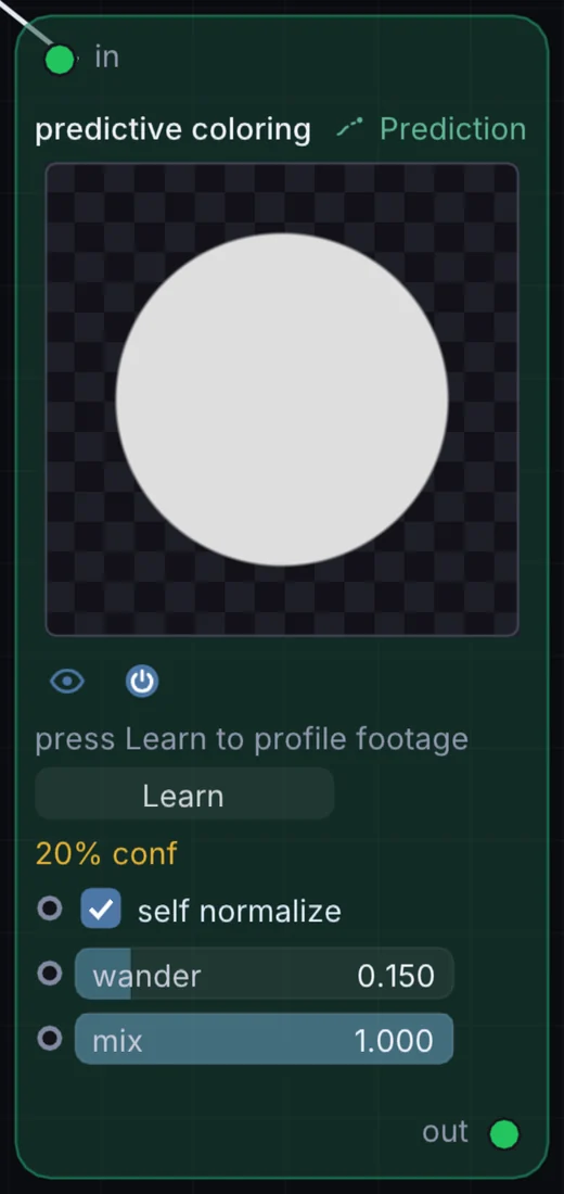 The Predictive Coloring node in Infinite, showing its inputs, controls and outputs.