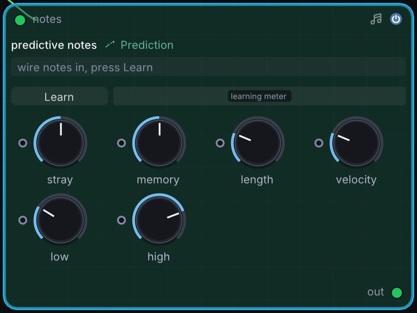 The Predictive Notes node in Infinite, showing its inputs, controls and outputs.