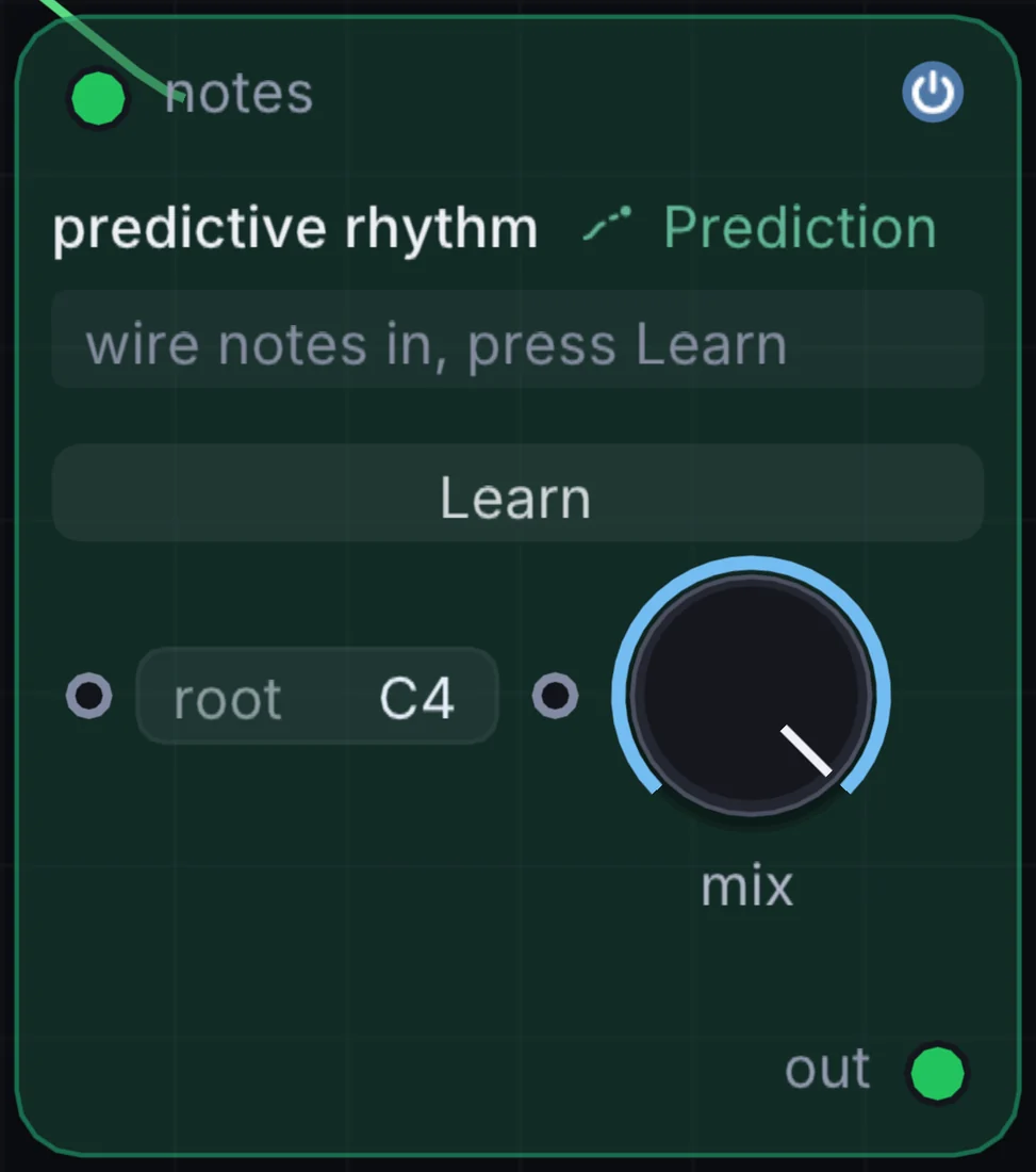 The Predictive Rhythm node in Infinite, showing its inputs, controls and outputs.