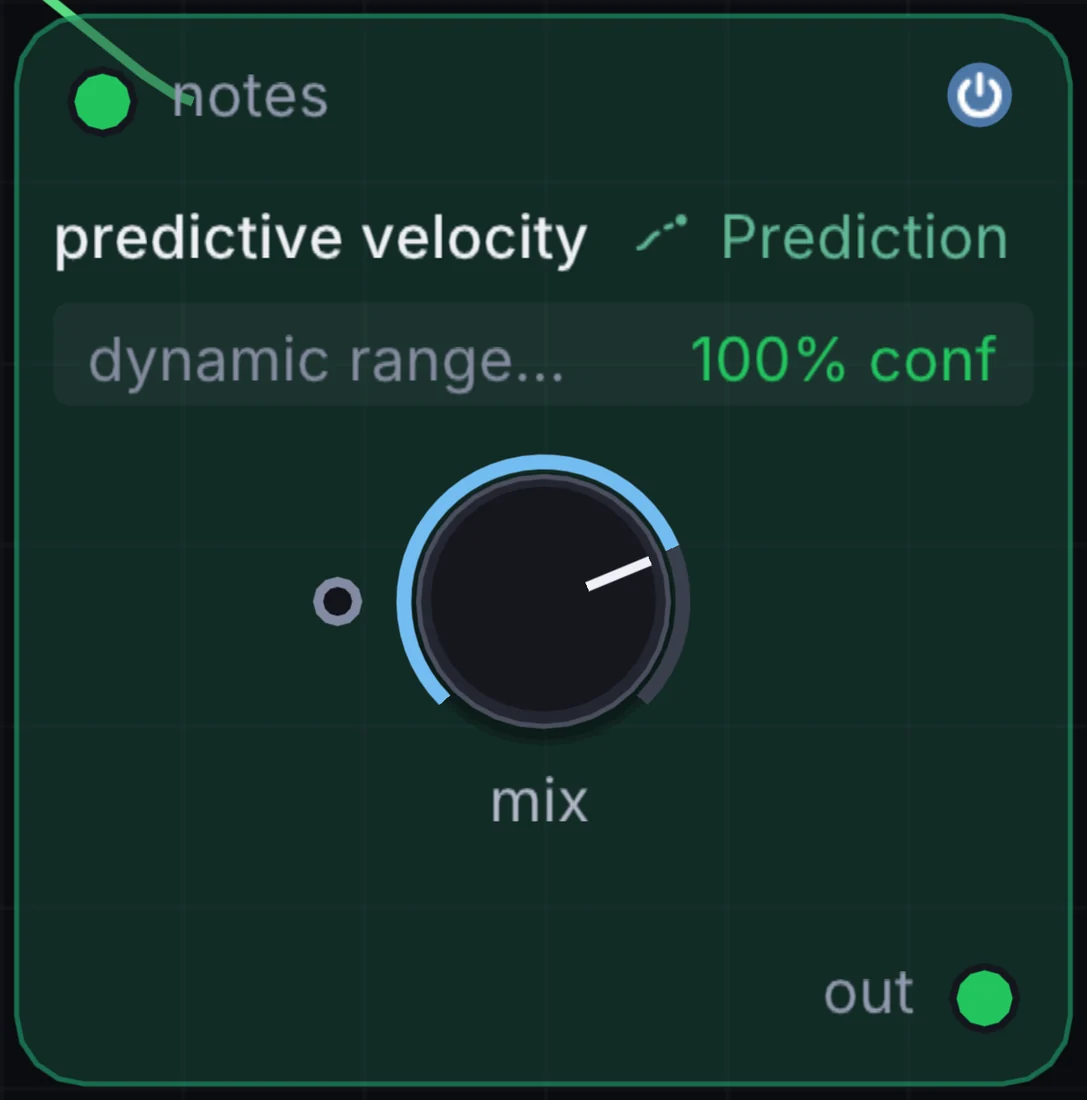 The Predictive Velocity node in Infinite, showing its inputs, controls and outputs.