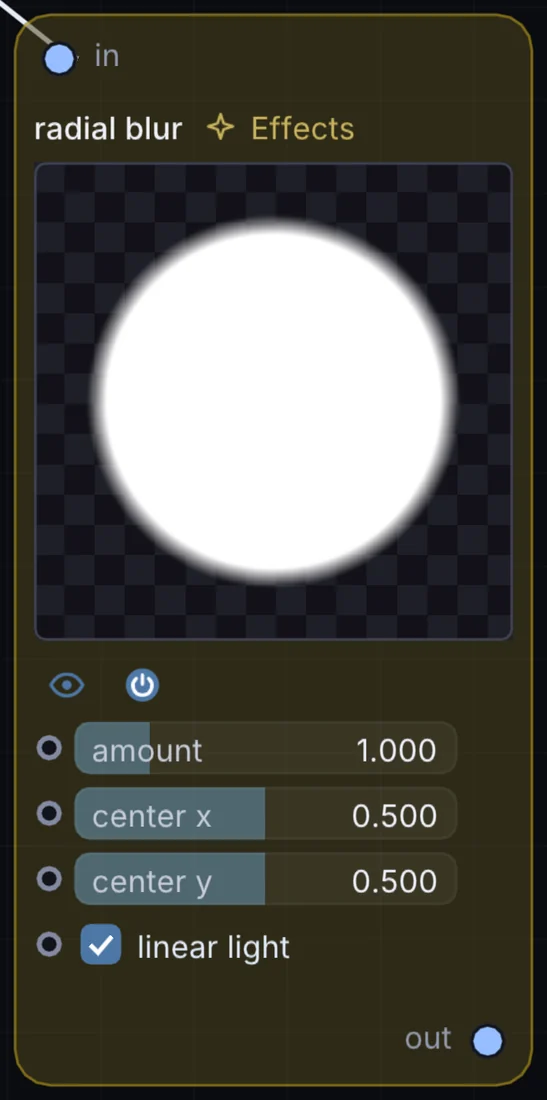 The Radial Blur node in Infinite, showing its inputs, controls and outputs.