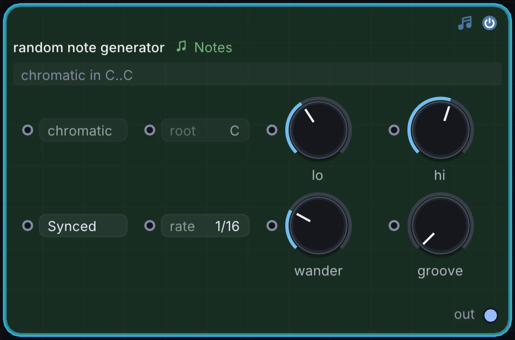 The Random Note Generator node in Infinite, showing its controls and output.