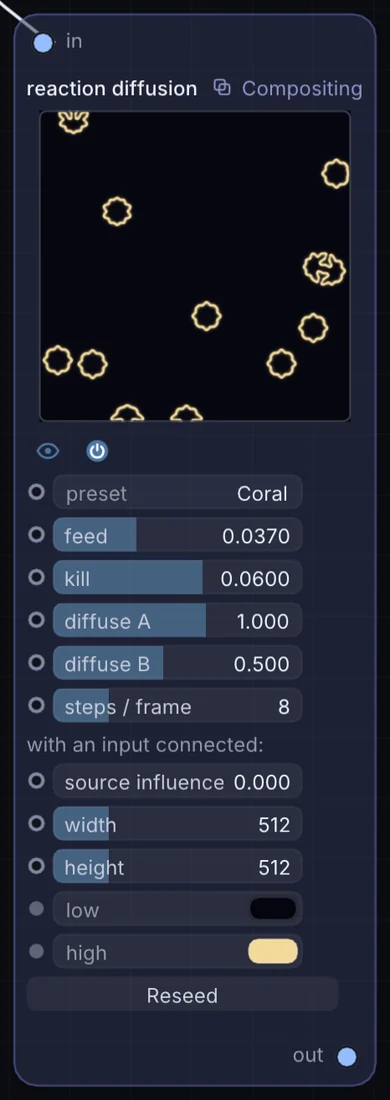 The Reaction Diffusion node in Infinite, showing its inputs, controls and outputs.