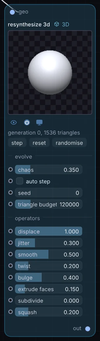 The Resynthesize 3D node in Infinite, showing its inputs, controls and outputs.