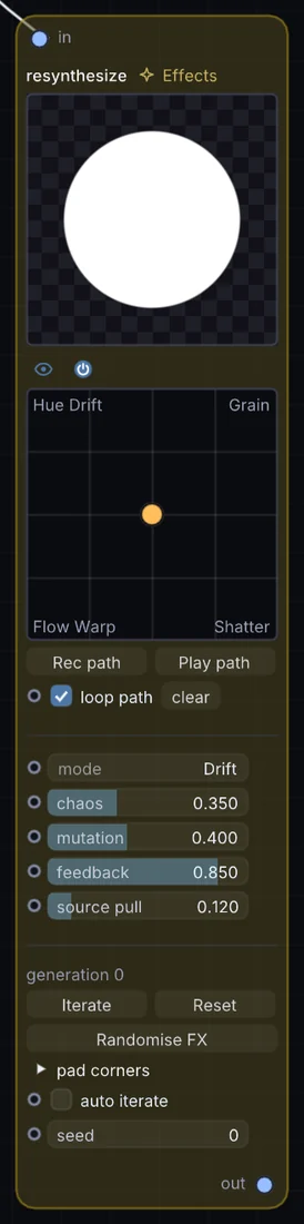 The Resynthesize node in Infinite, showing its inputs, controls and outputs.