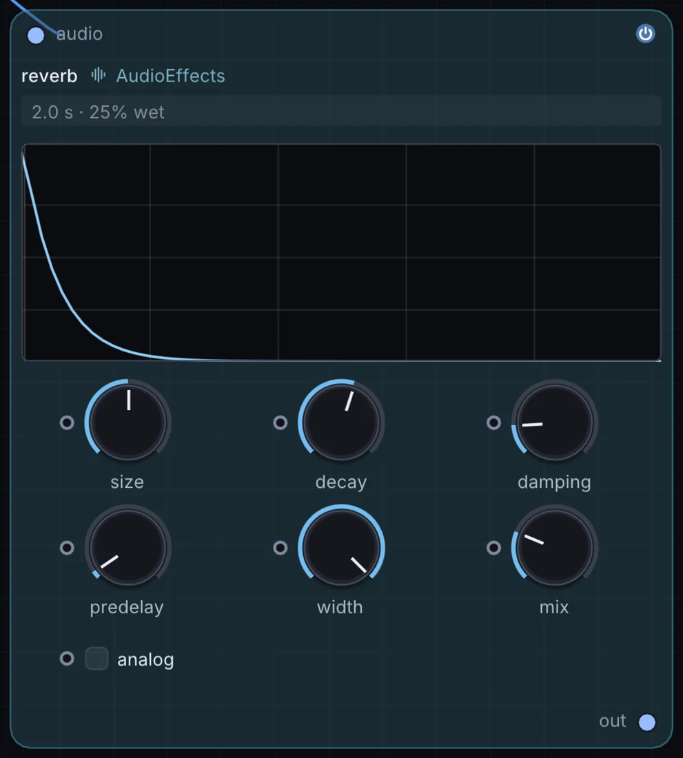 The Reverb node in Infinite, showing its inputs, controls and outputs.