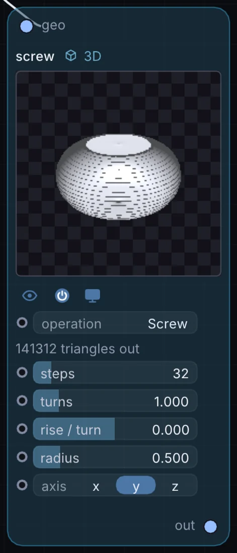 The Screw node in Infinite, showing its inputs, controls and outputs.
