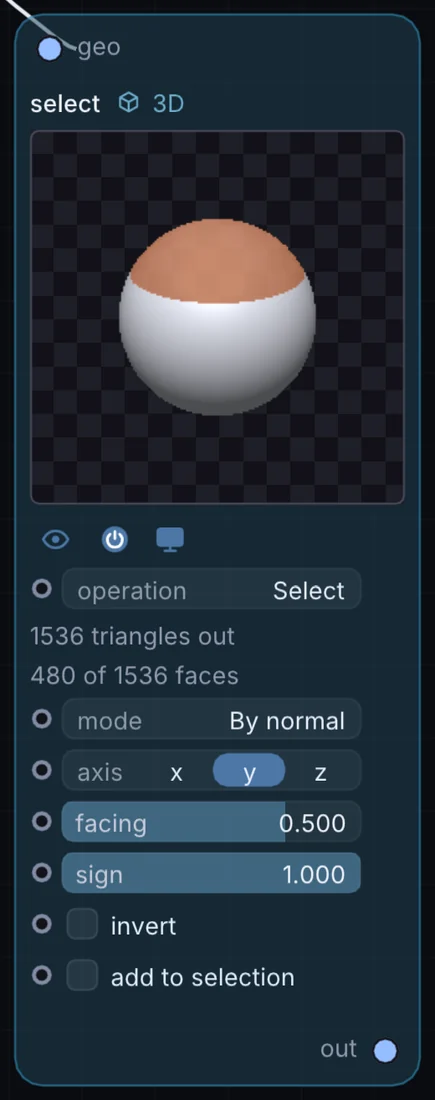 The Select node in Infinite, showing its inputs, controls and outputs.