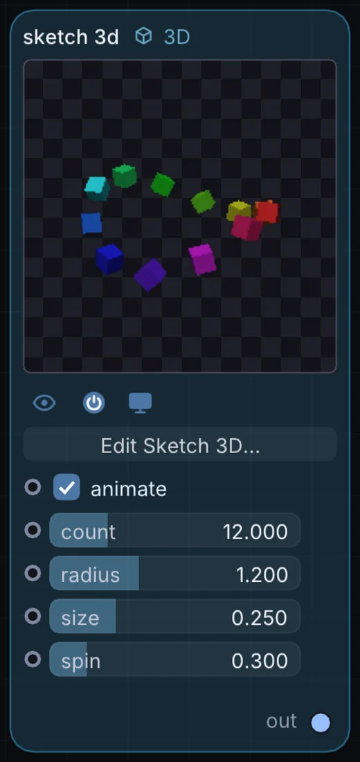 The Sketch 3D node in Infinite, showing its controls and output.