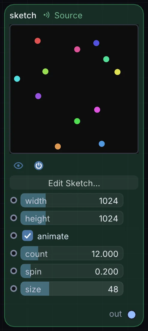 The Sketch node in Infinite, showing its controls and output.