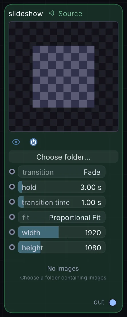 The Slideshow node in Infinite, showing its controls and output.