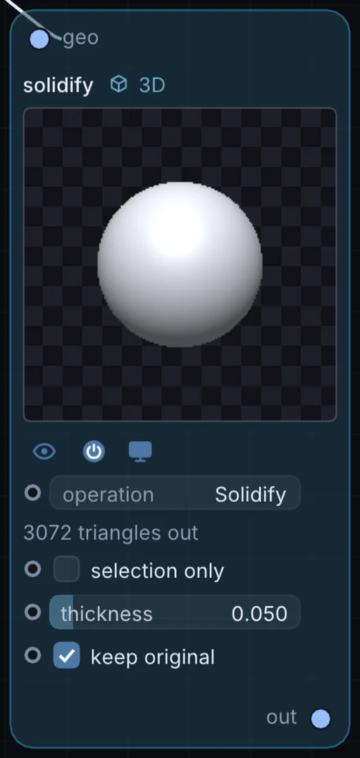 The Solidify node in Infinite, showing its inputs, controls and outputs.