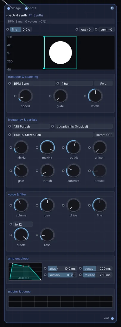 The Spectral Synth node in Infinite, showing its inputs, controls and outputs.