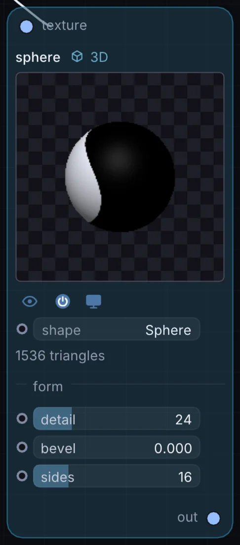 The Sphere node in Infinite, showing its inputs, controls and outputs.