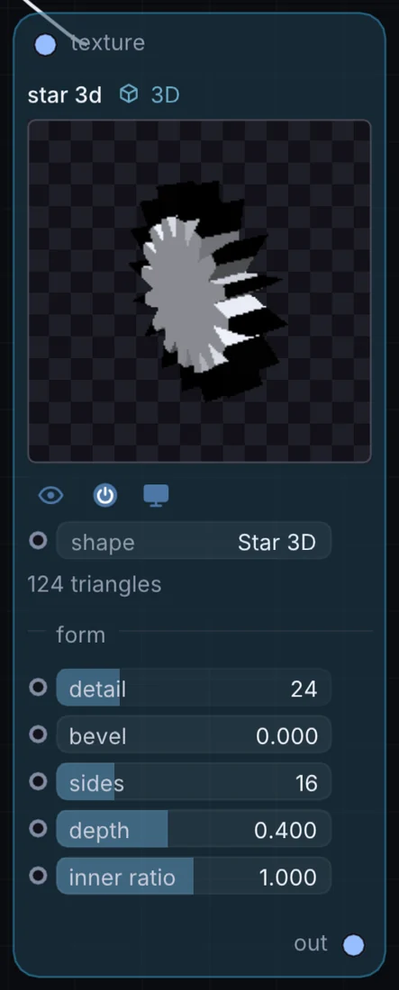 The Star 3D node in Infinite, showing its inputs, controls and outputs.