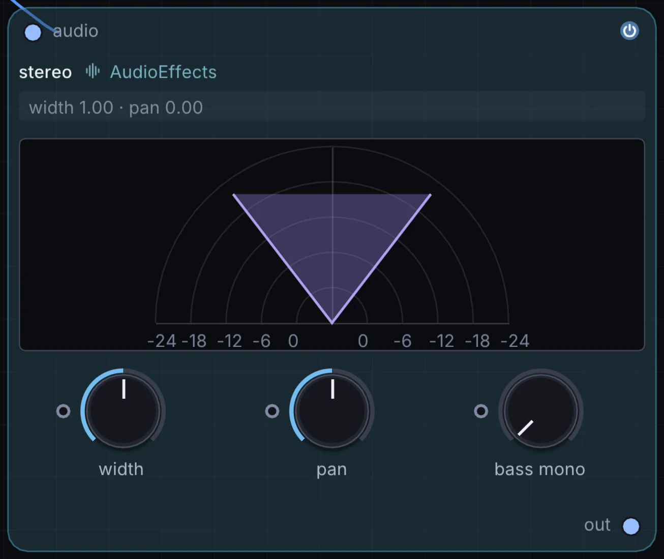 The Stereo node in Infinite, showing its inputs, controls and outputs.