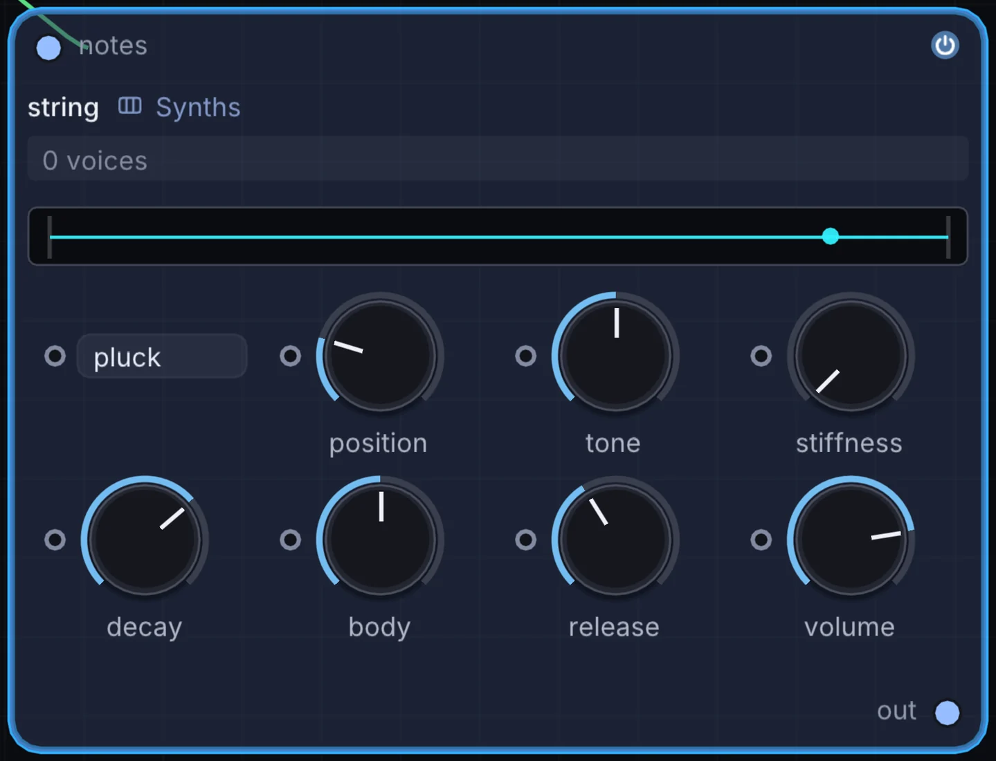 The String node in Infinite, showing its inputs, controls and outputs.
