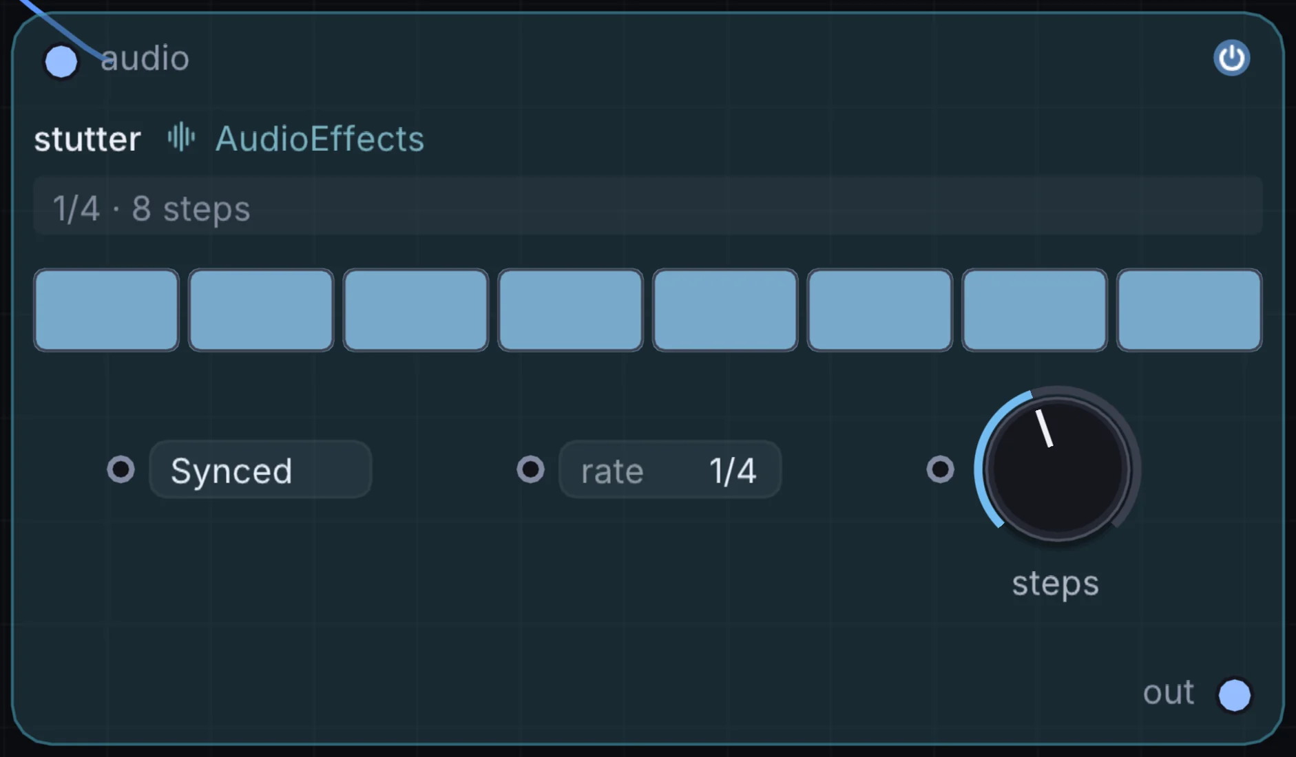 The Stutter node in Infinite, showing its inputs, controls and outputs.