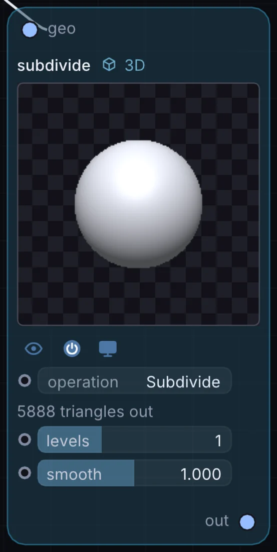 The Subdivide node in Infinite, showing its inputs, controls and outputs.