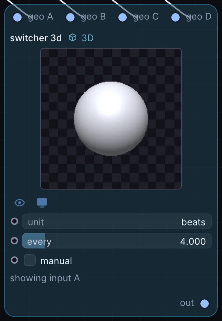 The Switcher 3D node in Infinite, showing its inputs, controls and outputs.