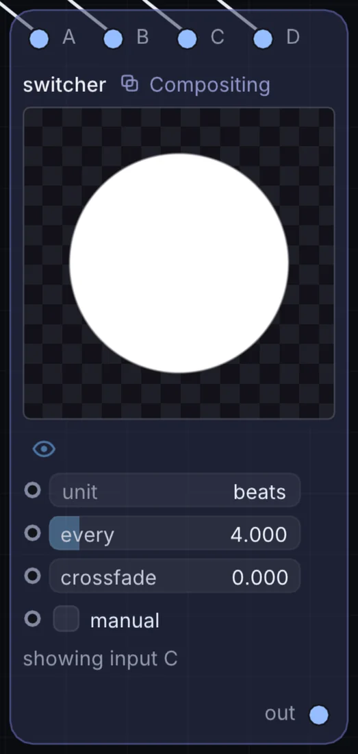 The Switcher node in Infinite, showing its inputs, controls and outputs.