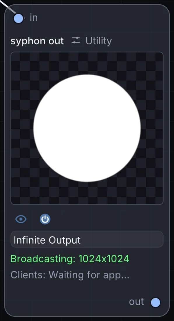 The Syphon Out node in Infinite, showing its inputs, controls and outputs.