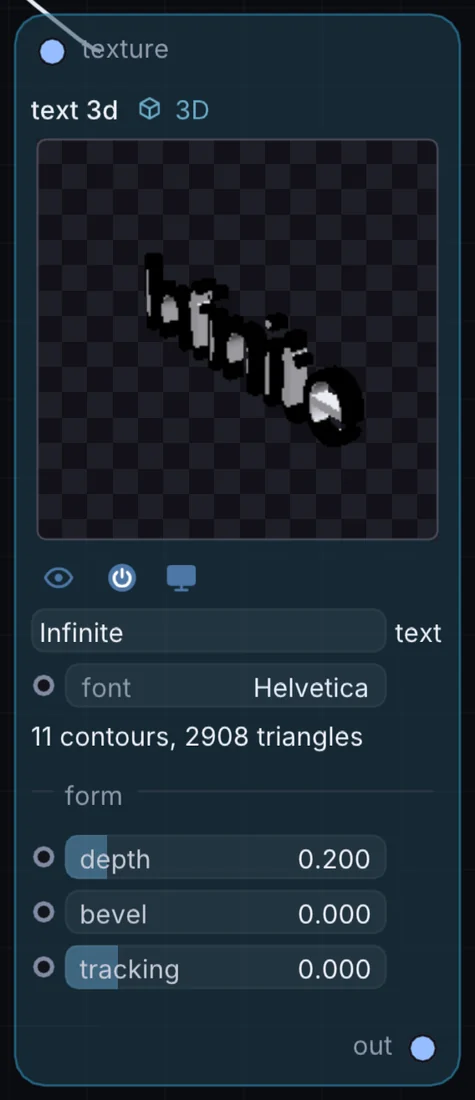 The Text 3D node in Infinite, showing its inputs, controls and outputs.