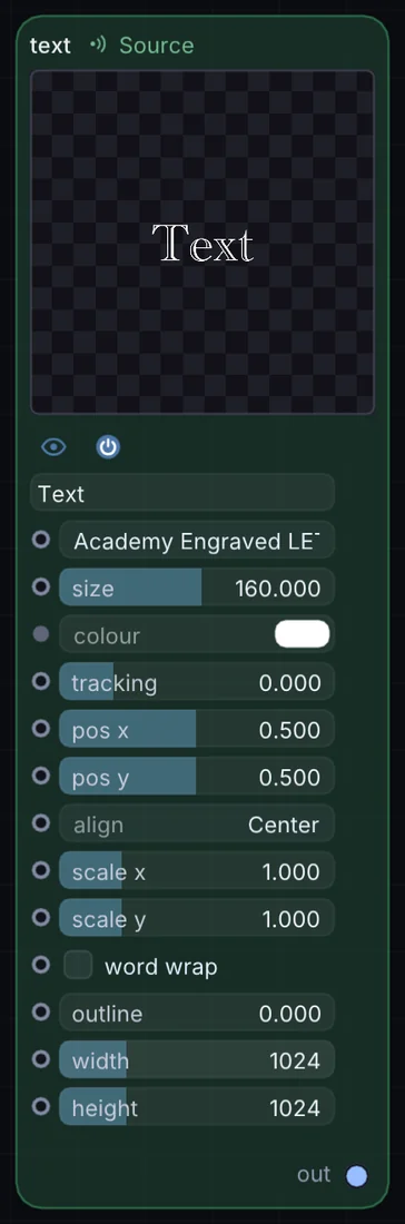 The Text node in Infinite, showing its controls and output.