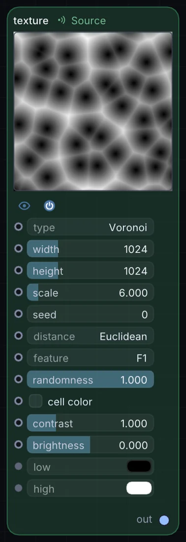 The Texture node in Infinite, showing its controls and output.