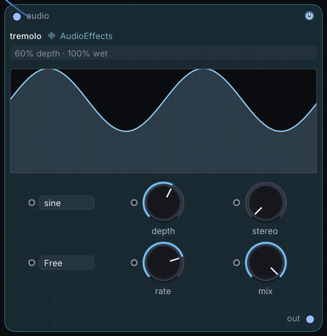 The Tremolo node in Infinite, showing its inputs, controls and outputs.