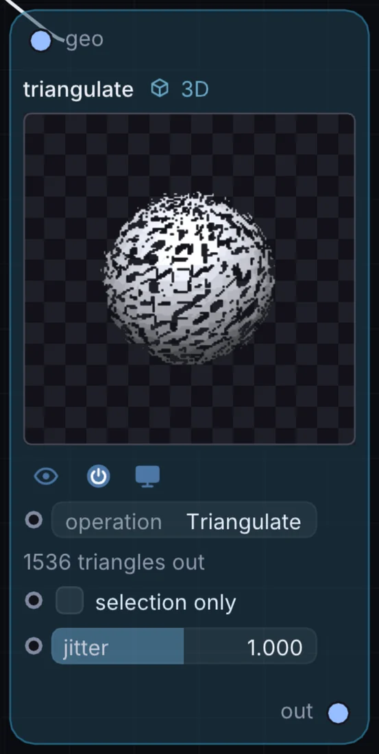 The Triangulate node in Infinite, showing its inputs, controls and outputs.