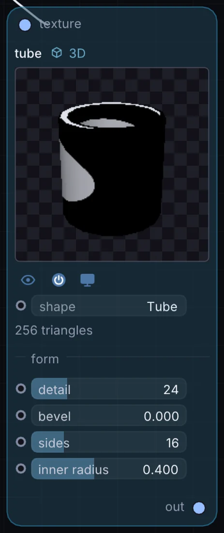 The Tube node in Infinite, showing its inputs, controls and outputs.