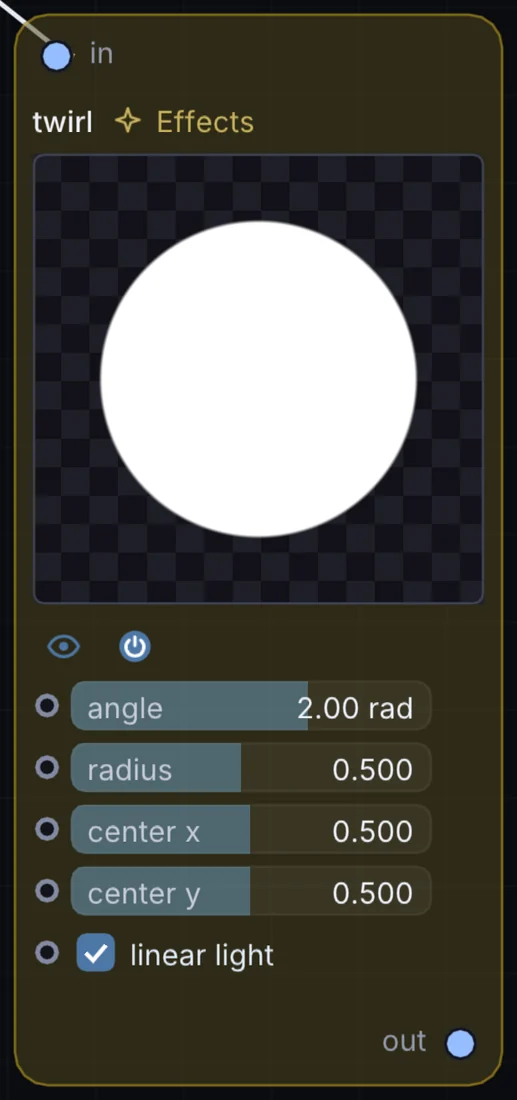 The Twirl node in Infinite, showing its inputs, controls and outputs.