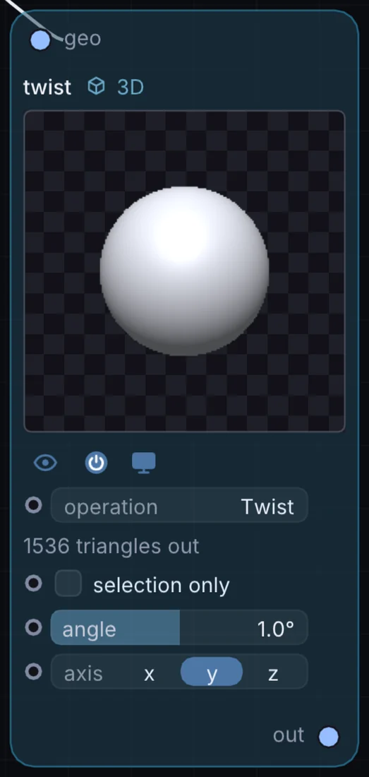The Twist node in Infinite, showing its inputs, controls and outputs.