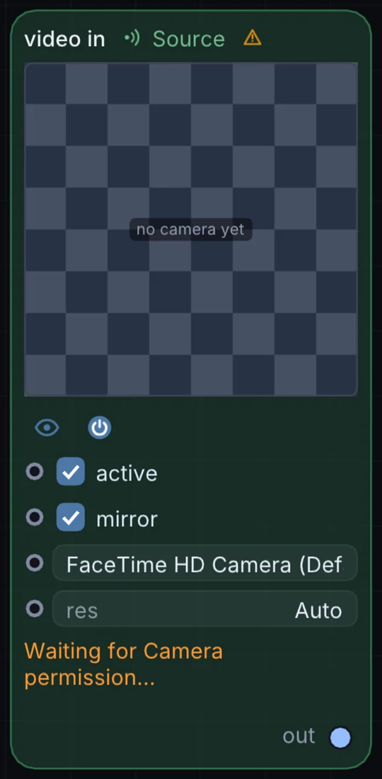 The Video In node in Infinite, showing its controls and output.