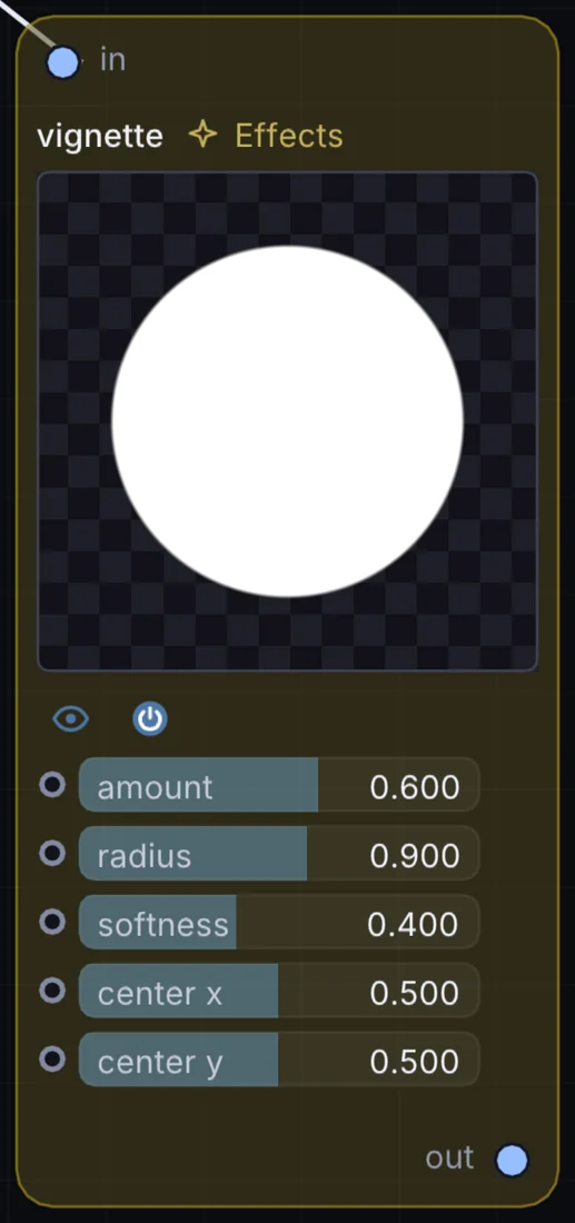 The Vignette node in Infinite, showing its inputs, controls and outputs.