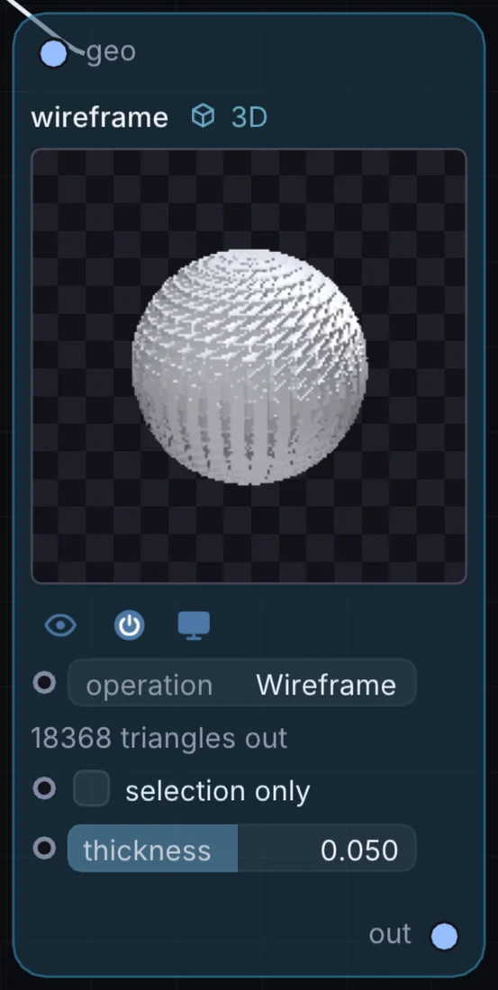 The Wireframe node in Infinite, showing its inputs, controls and outputs.