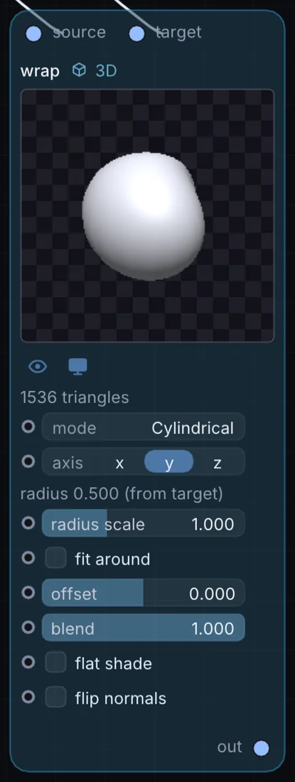 The Wrap node in Infinite, showing its inputs, controls and outputs.